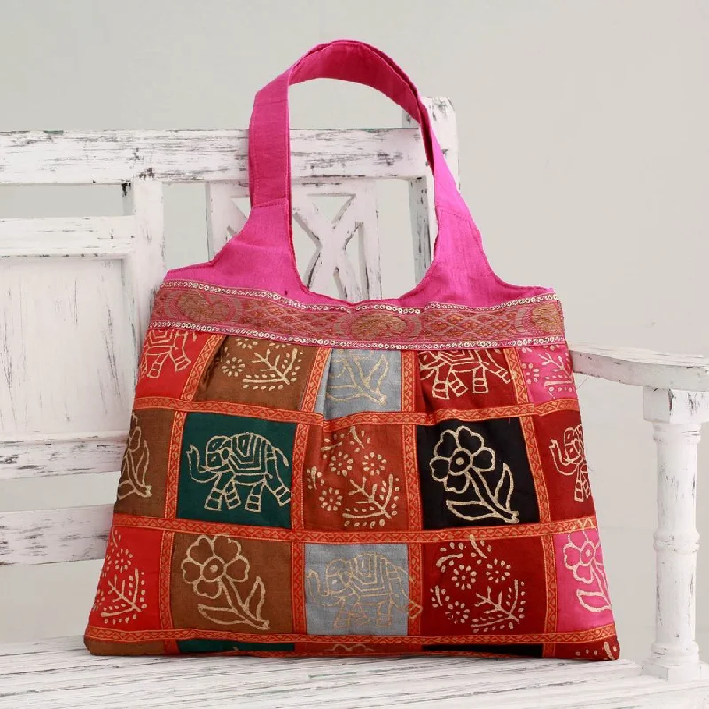 Handle bags with bold text for statements -Handmade Embellished 'Fuchsia in Kutch' Tote Handbag (India)