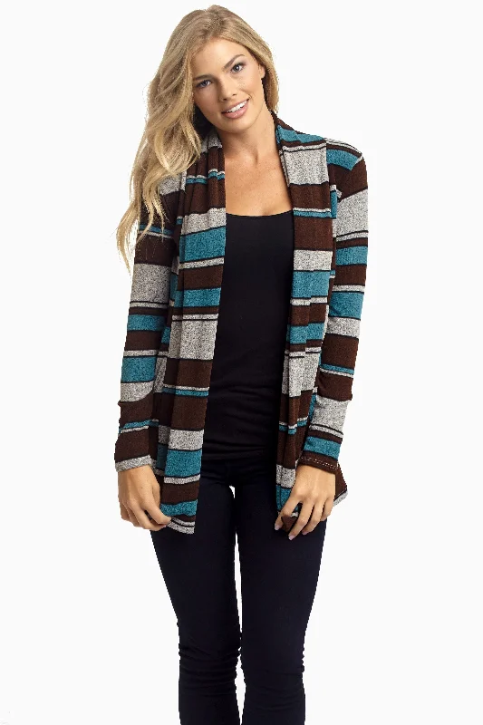 Formal - event cardigan for an elegant presence -Brown Teal Striped Knit Cardigan