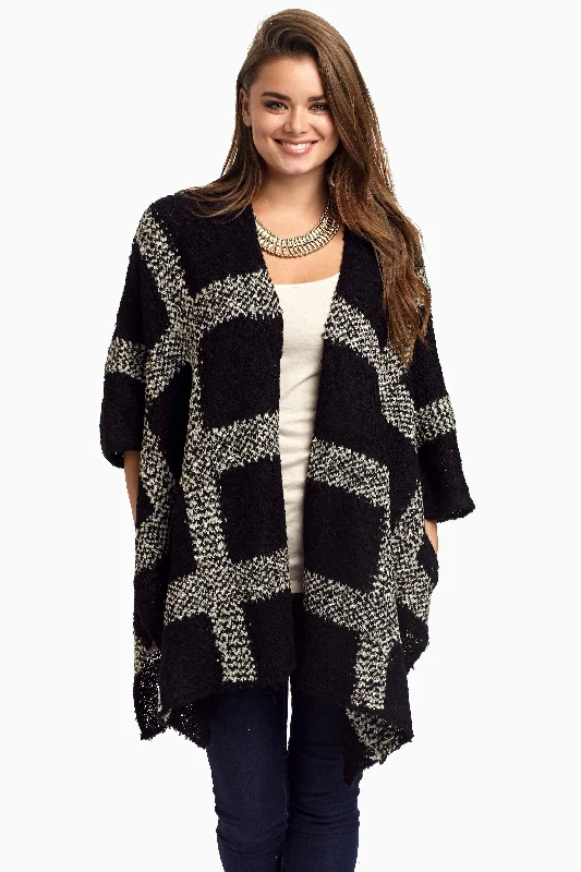 Wedding - guest cardigan for an elegant ensemble -Black Plaid Oversized Knit Cardigan