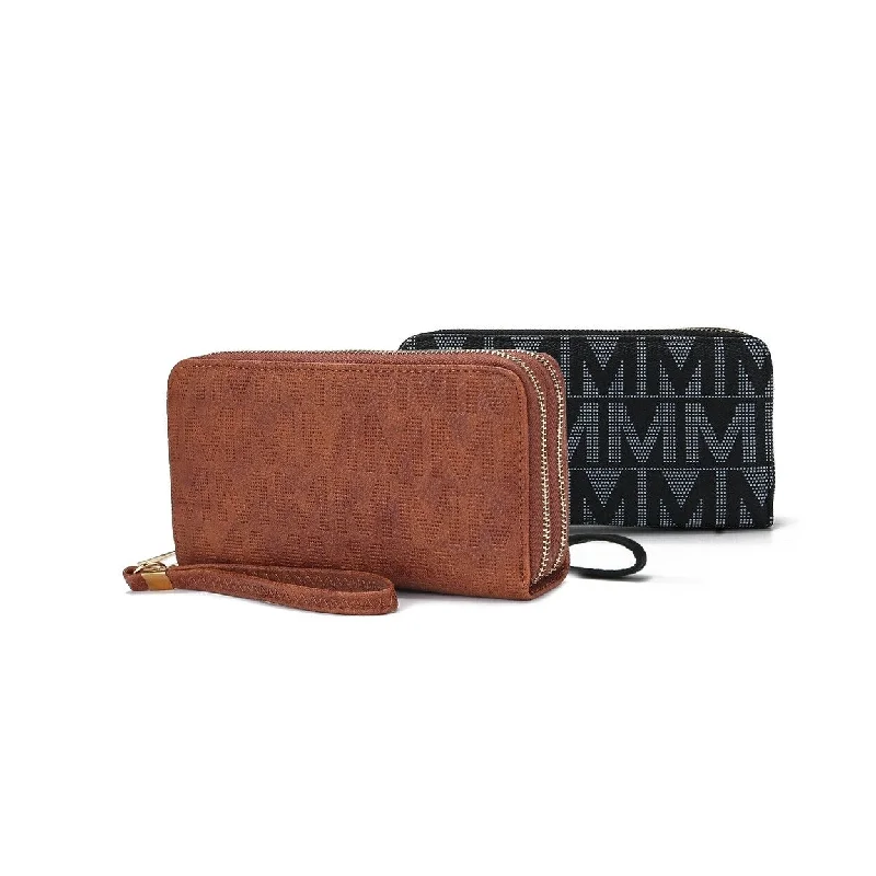 Handle bags with multi-color weaves for vibrancy -Mkfcollection Kathe Embossed M Signature Wallet Wristlet Vegan Leather Designer