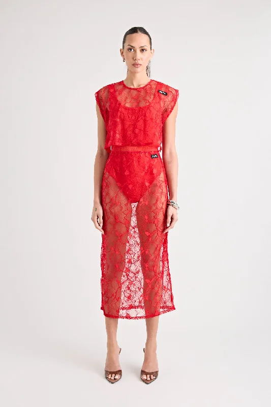 Tiered Dresses for Voluminous -ASTRID LACE SKIRT | RED