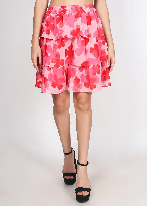 Halter Dresses for Chic Style -Women Floral Printed Flared Pink Skirt