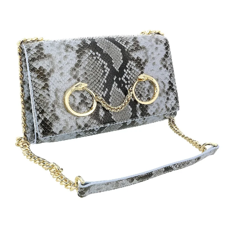 Handle bags with modern logos for branding -Roberto Cavalli Class Light Blue Snakeskin Millie Deluxe Clutch/Shoulder Bag for womens