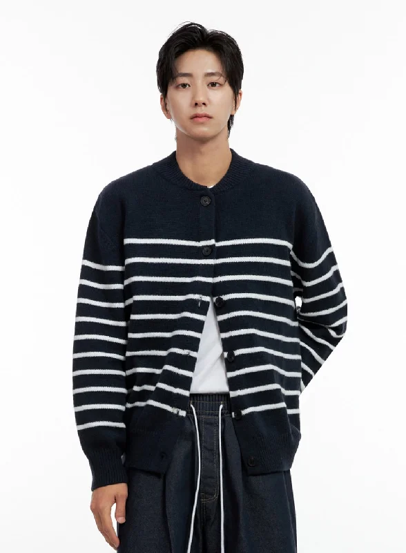 Party - cardigan for a fun night out -Men's Buttoned Round Neck Striped Cardigan IN401