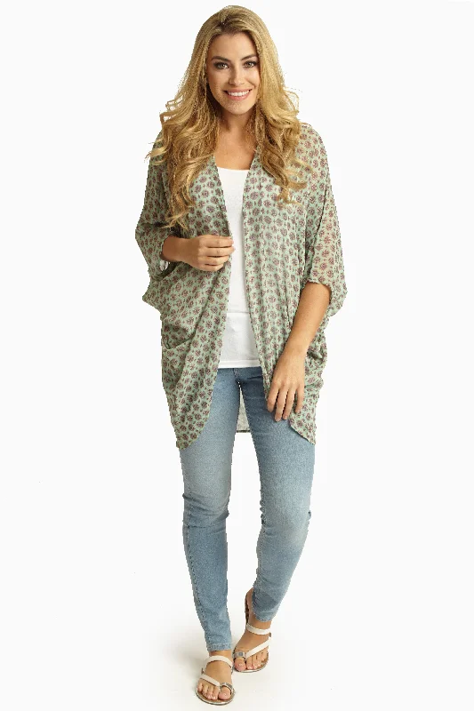 Ribbed - knit cardigan for a snug fit -Mint Green Print Chiffon Cardigan