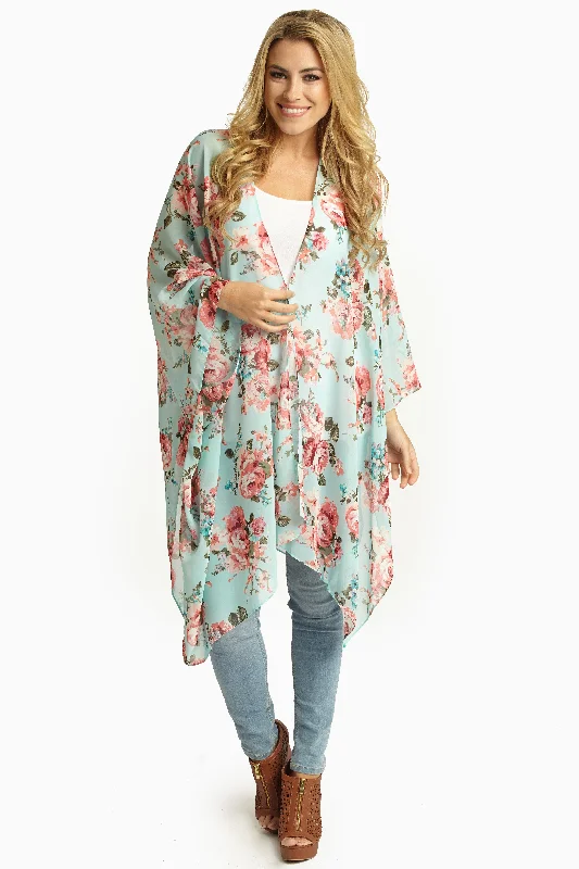 Geometric - print cardigan for modern style -Aqua Pink Floral Sheer Maxi Cardigan