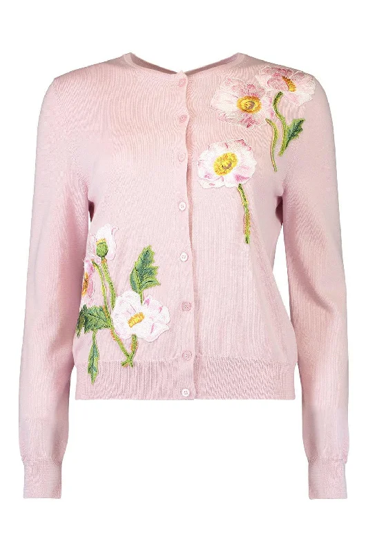 Boat - neck cardigan for a stylish look -Painted Poppies Embroidered Cardigan