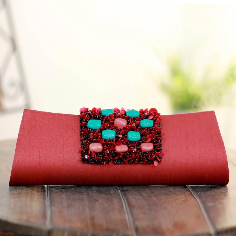 Handle bags with quilted leather for luxury -Beaded 'Red Radiance' Clutch Handbag (India)