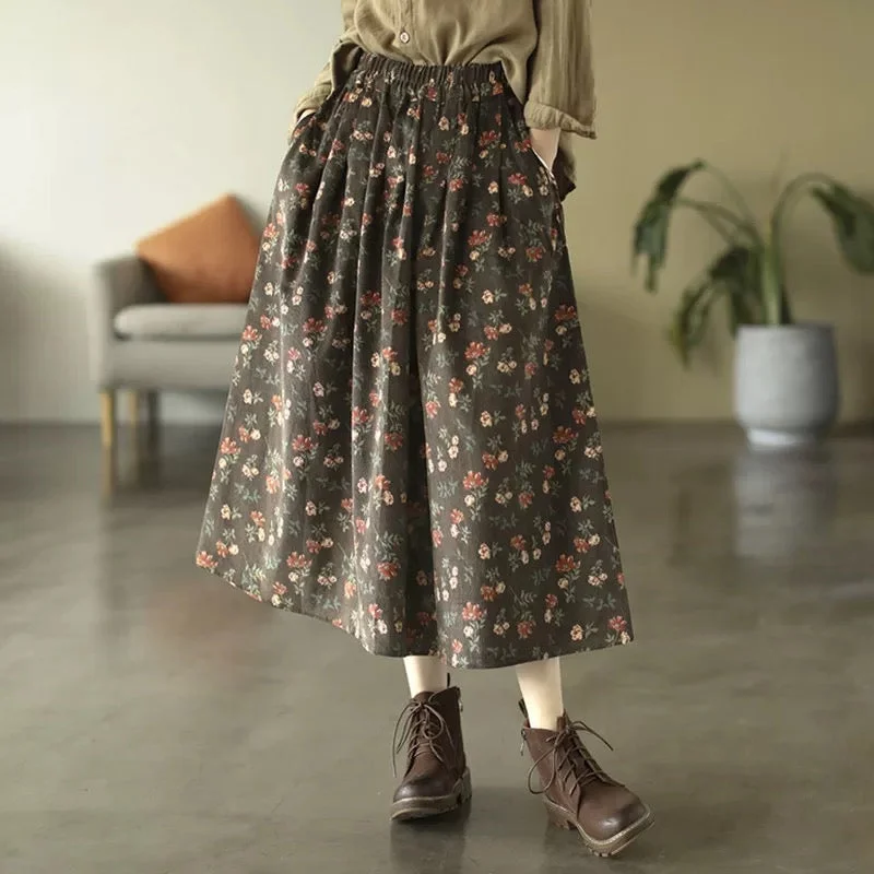 Indian Dresses with Intricacy -Babakud Women Spring Retro Corduroy Printed Floral A-Line Skirt