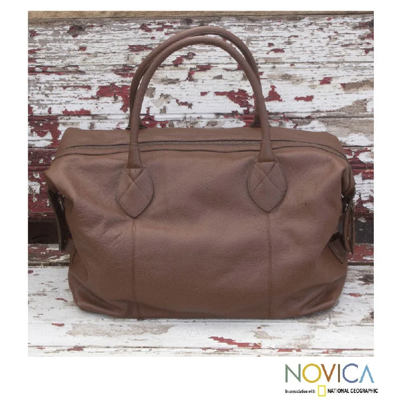 Handle bags with expandable sides for flexibility -Handmade Leather 'Let's Go In Brown' Travel Bag (Mexico)