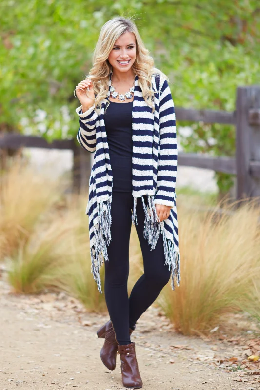 Solid - color cardigan for simple elegance -Navy Blue Ivory Striped Fringe Hem Flowy Knit Cardigan