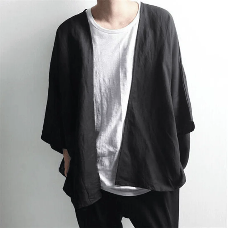 Tasseled - cardigan for a playful touch -Dark Men'S Linen Cropped Doll Sleeve Cardigan