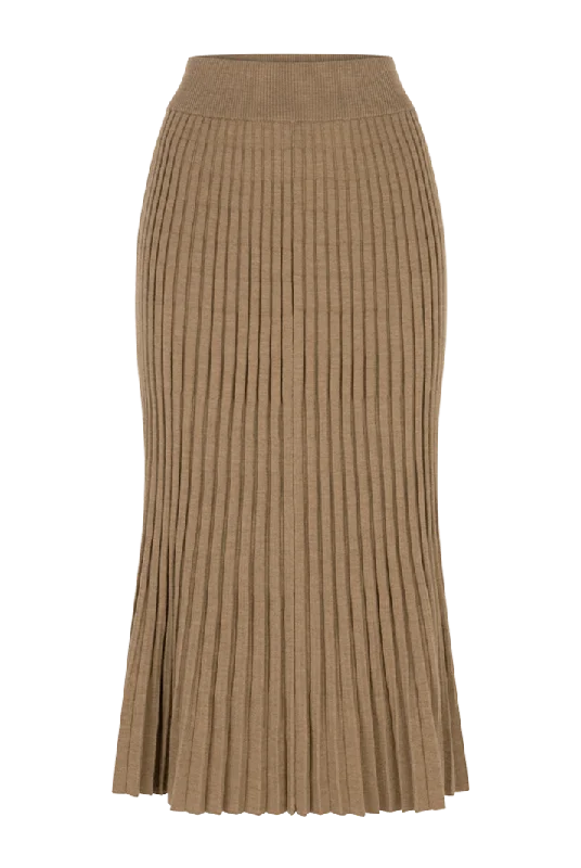 Tie-up Dresses for Decorative -Pleated Wool Midi Skirt | Camel