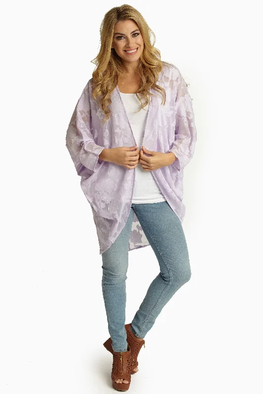 Open - front cardigan for a relaxed look -Lavender Textured Chiffon Open Cardigan