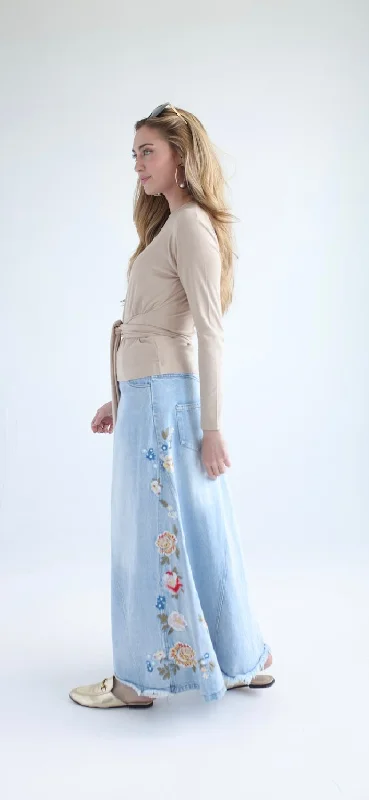 Capri Dresses for Playful -Stella floral embroidered jean skirt