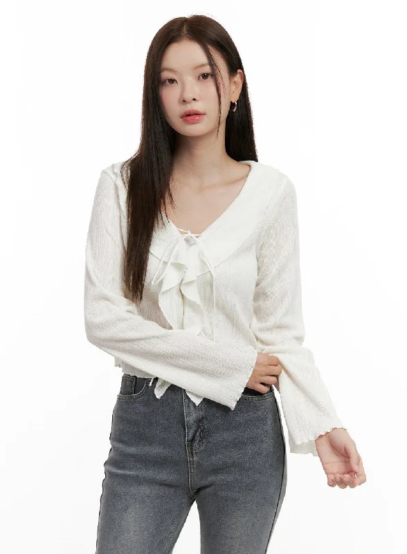 Lace - trimmed cardigan for a romantic look -Frill Strap Cropped Cardigan ON422