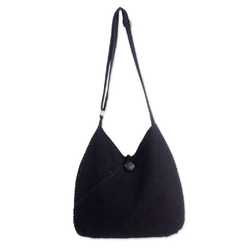 Handle bags with drawstring accents for style -Handmade Black Pintucked Cotton Women's Hobo Shoulder Bag (Thailand)