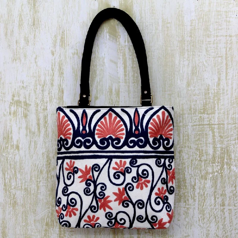 Handle bags with lightweight fabric for ease -Handmade Cotton Leather Accent 'Peach Blossom' Tote Handbag (India)