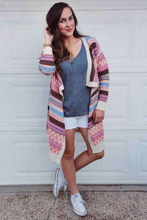 Yoga - cardigan for a flexible fit -Pink Multi-Colored Tribal Striped Long Knit Cardigan