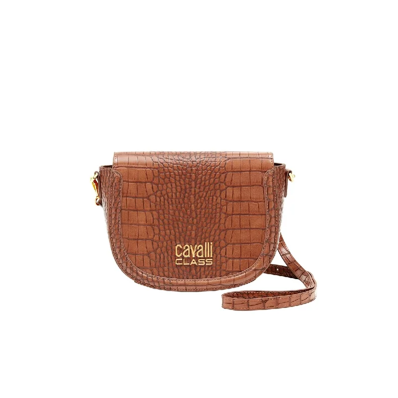 Handle bags with floral embroidery for detail -Cavalli Class TORINO Brown Medium Crocco Saddle Crossbody bag for womens