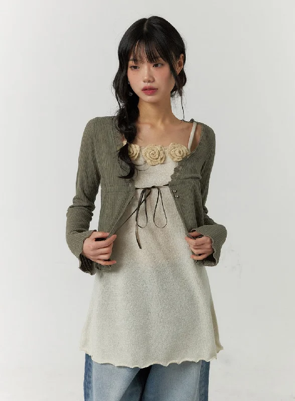 Khaki - cardigan for a casual and outdoorsy look -Lace Trim Cropped Cardigan CF406