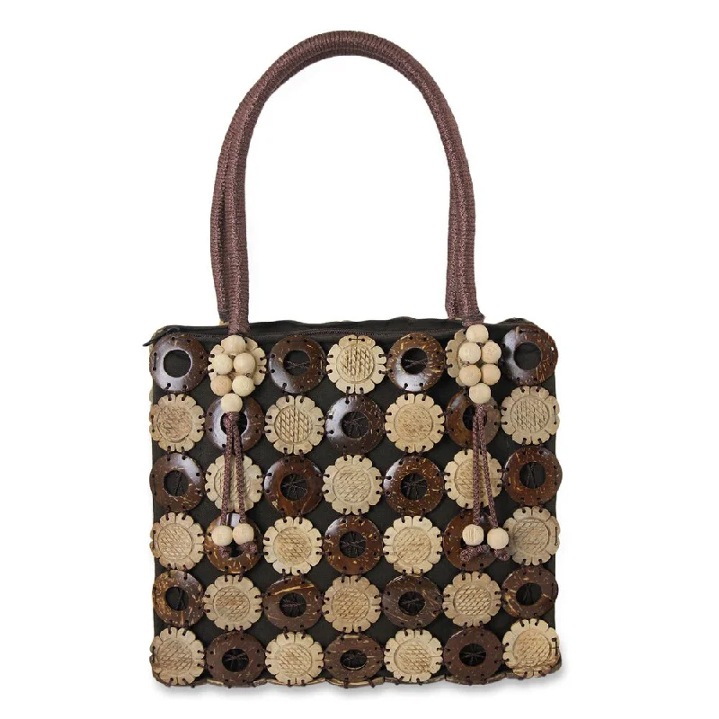 Handle bags with sleek silhouettes for fashion -Handmade Coconut Shell 'Sunflower Garden' Tote Handbag (Thailand)