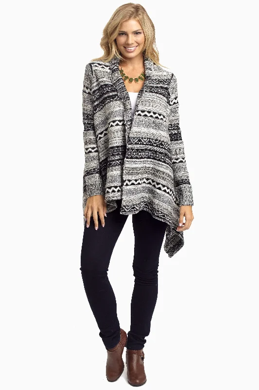 Black - cardigan for a versatile wardrobe staple -Black Grey Tribal Knit Cardigan