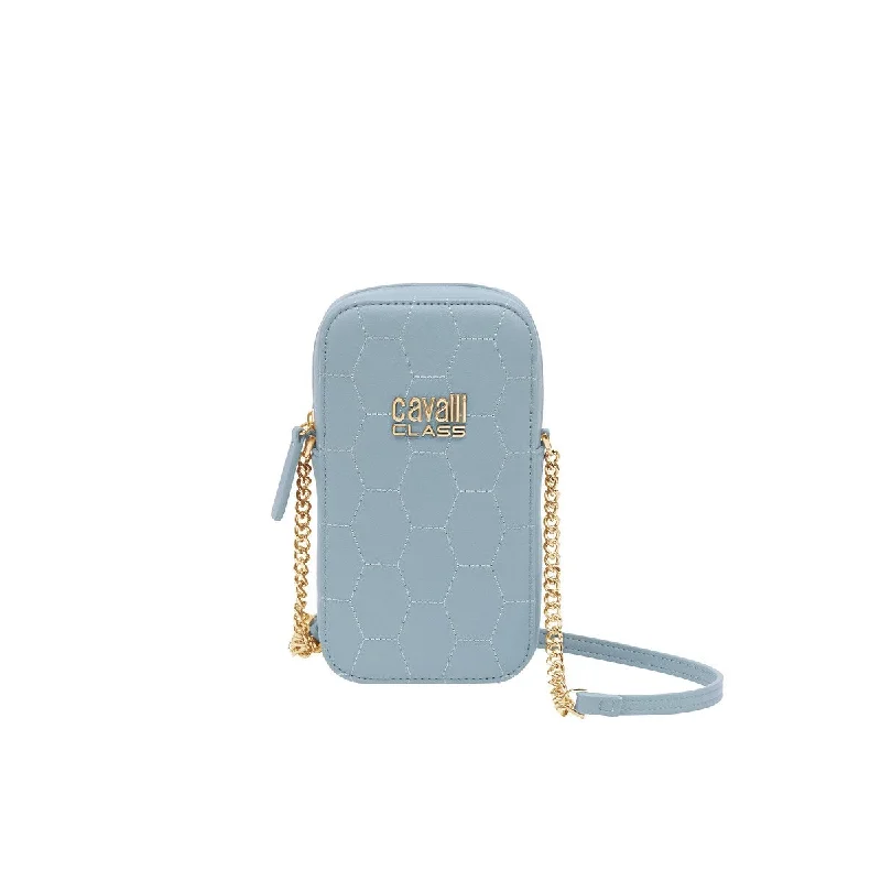 Handle bags with tropical leaves for summer -Cavalli Class PALERMO Light Blue Small Phone Holder Crossbody bag for womens