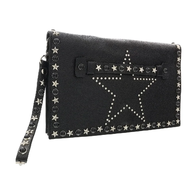 Handle bags with lightweight fabric for ease -Daniela Fargion Black Silver Leather Star Studded Wristlet/Pouch Clutch for womens