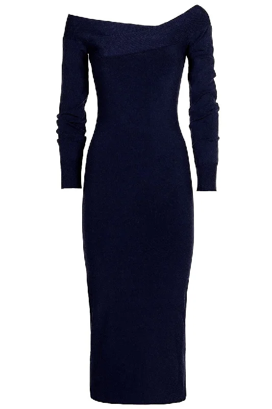 Flared Dresses for Retro -Long Sleeve Off Shoulder Knit Midi Dress