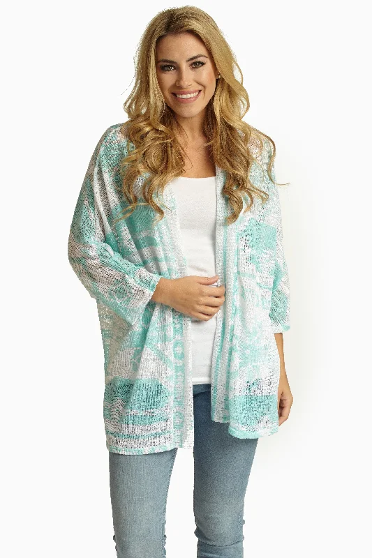 Shawl - collar cardigan for a sophisticated look -White Mint Green Printed Knit Dolman Sleeve Cardigan