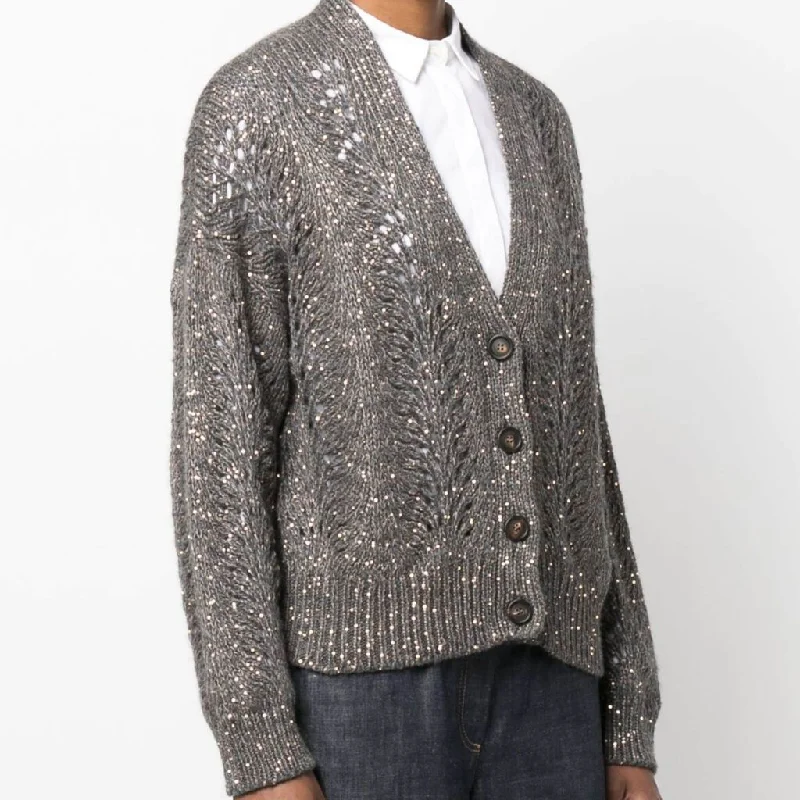 Three - quarter - sleeve cardigan for versatility -Women's Sequins Hollow Cashmere Blend Cardigan Sweater