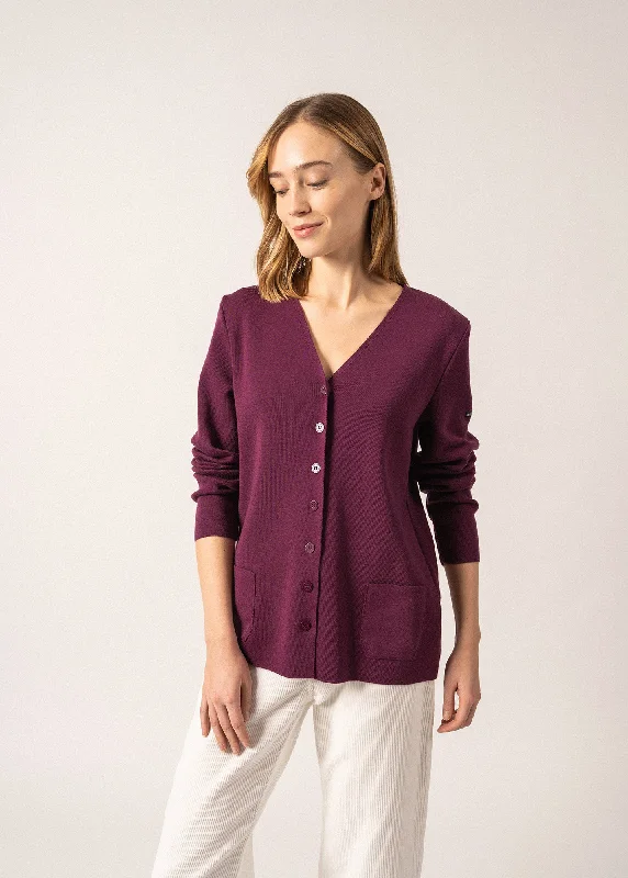 Beaded cardigan for a glamorous effect -Blainville V neck cardigan - buttoned, in soft wool (PRUNE)