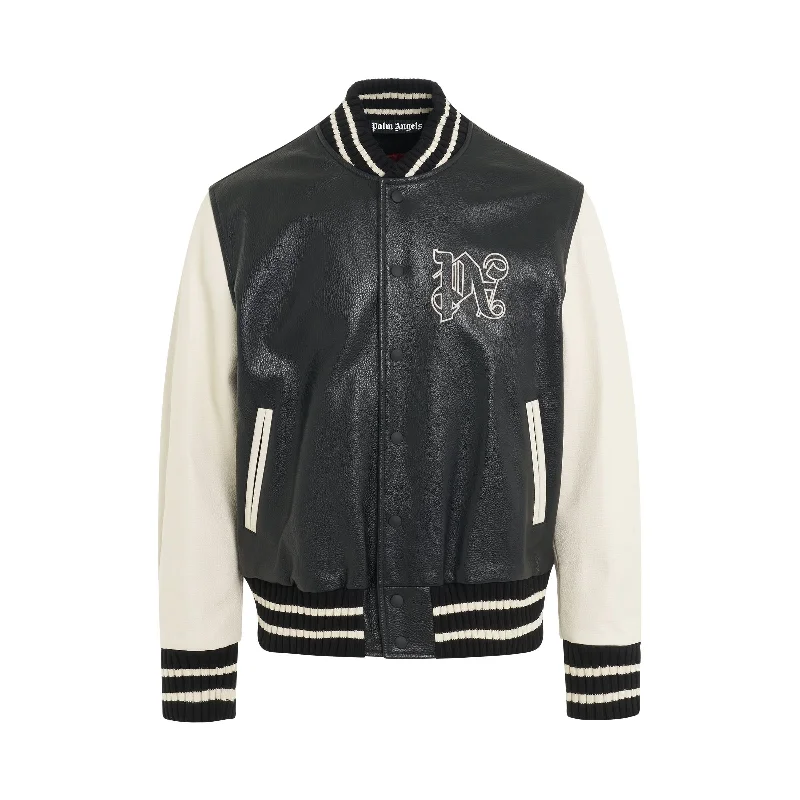 Fashionable leather backpack for weekend getaway chic -Monogram Print Varsity Jacket in Black