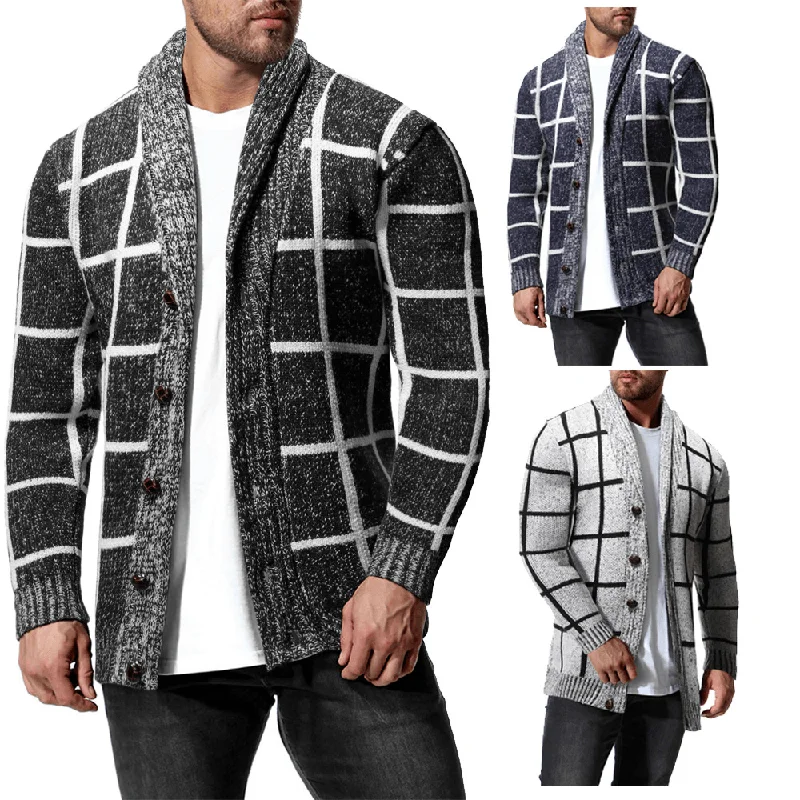 Ruffled - cardigan for a feminine style -Men'S Winter Color Matching Plaid Cardigan Sweater