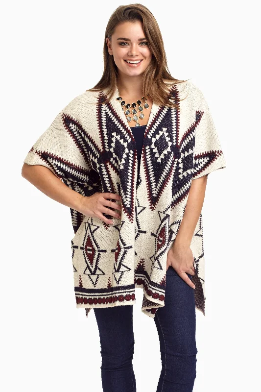 School - cardigan for a stylish campus look -Beige Tribal Oversized Knit Cardigan