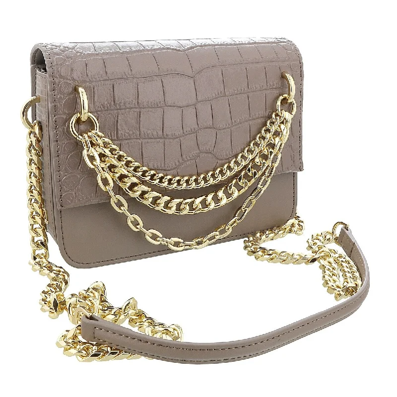 Handle bags with double handles for strength -Roberto Cavalli Class Taupe Embossed Medium Milano Chain Shoulder Bag for womens