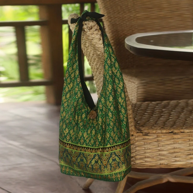 Handle bags with seasonal prints for holidays -NOVICA Handmade Cotton Royal Thai Emerald Sling Tote Bag (Thailand)