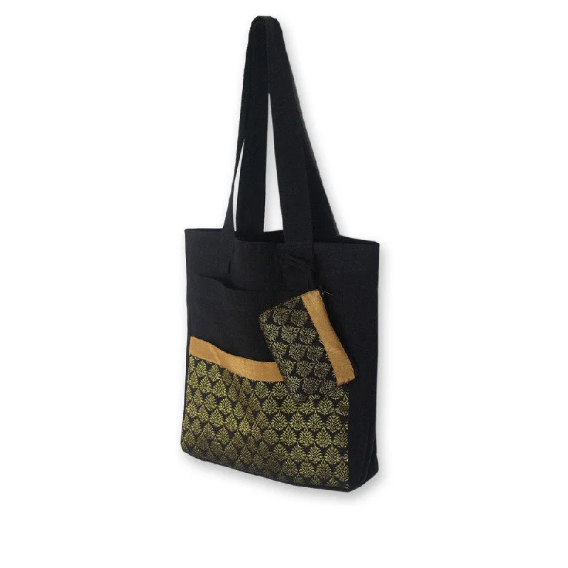 Handle bags with inner compartments for essentials -Handmade Cotton 'Gold Garden' Medium Tote Bag and Change Purse (Thailand)