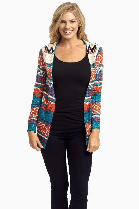 White - cardigan for a clean and fresh look -Rust Teal Aztec Knit Cardigan