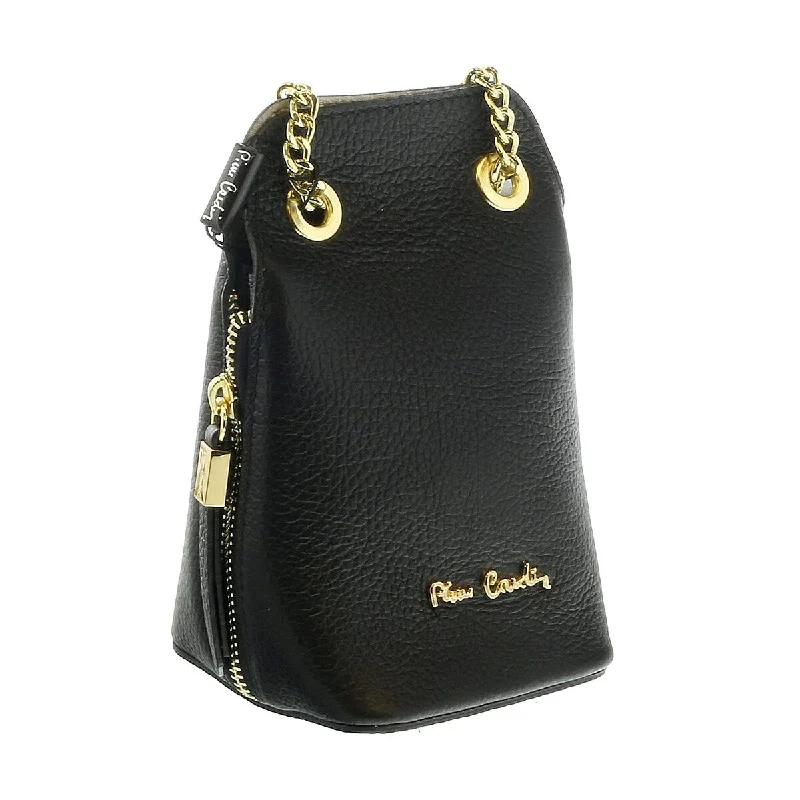 Handle bags with vegan suede for softness -Pierre Cardin Black Leather Curved Structured Chain Crossbody Bag for womens