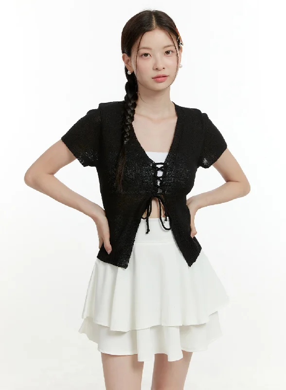 Silk cardigan for elegant evening events -Sheer V-Neck Tie Short Sleeve Cardigan OL423