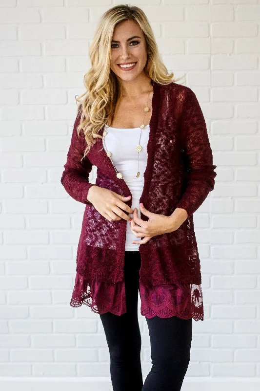 Bohemian - style cardigan for a free - spirited look -Burgundy Lace Trim Knit Open Cardigan