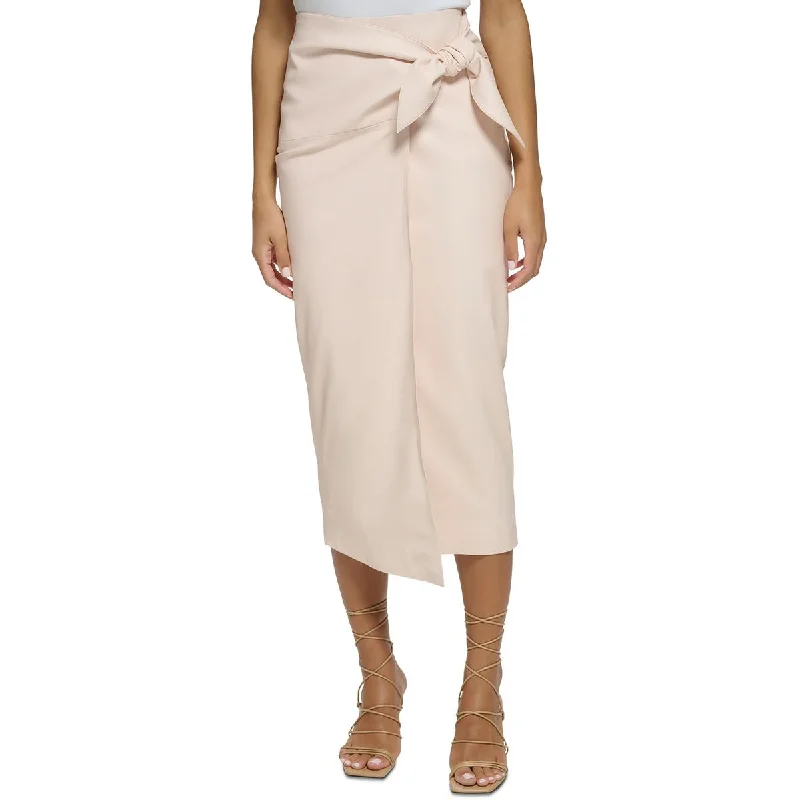 Zippered Dresses for Convenience -Donna Karan Womens Vegan Leather Bow Midi Skirt