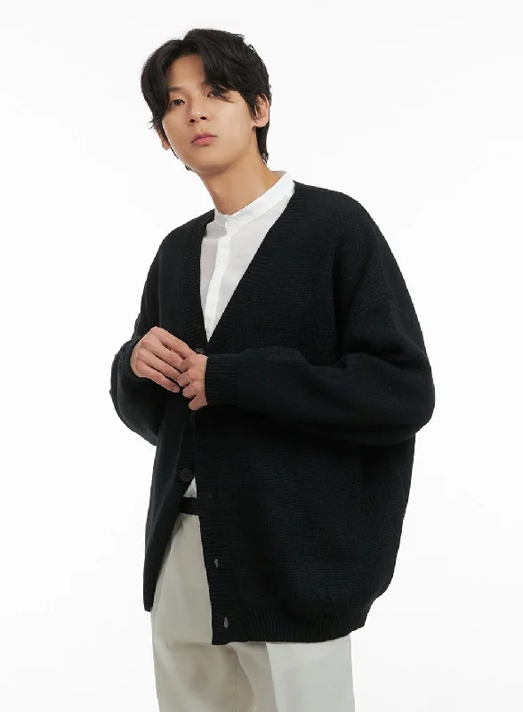 Short - sleeve cardigan for mild days -Men's Oversized Buttoned Cardigan (Black) IY402