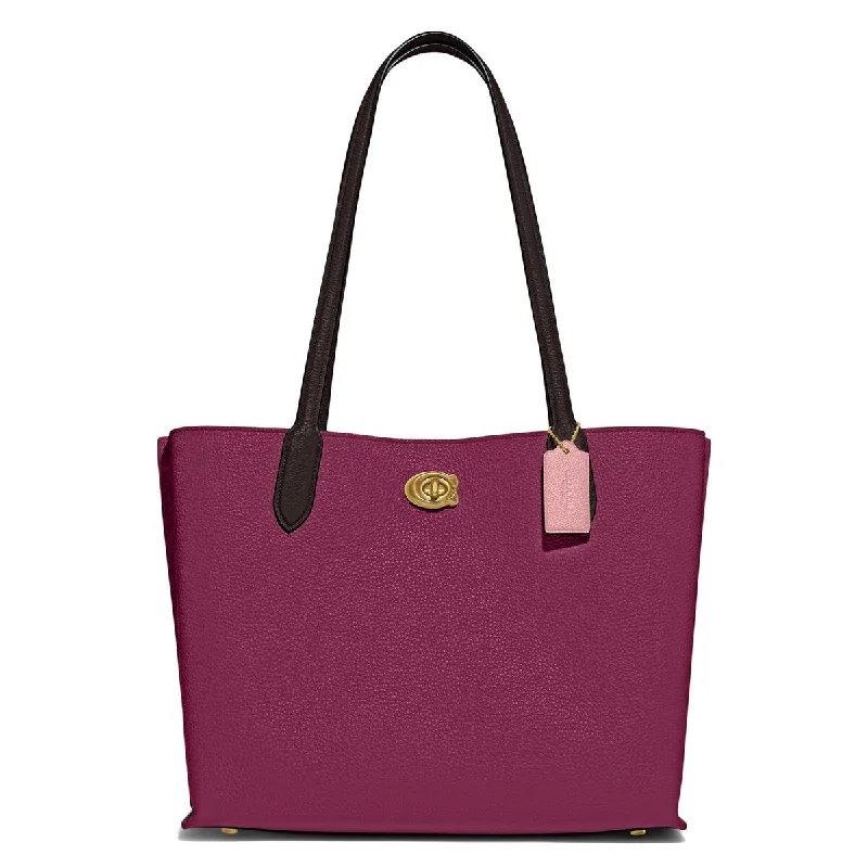 Handle bags with striped canvas for beach -Coach ColorBlock Leather Willow Tote Deep Plum Multi