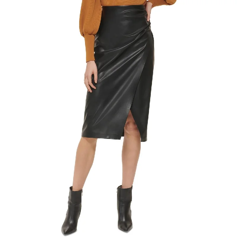 Contemporary Dresses for Fashion -DKNY Womens Faux Leather Midi A-Line Skirt