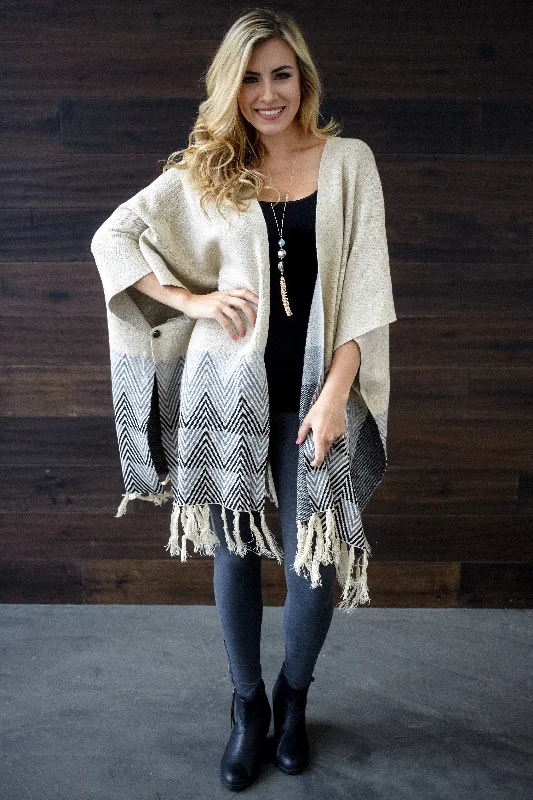 Birthday - party cardigan for a festive look -Beige Chevron Border Fringe Knit Cardigan