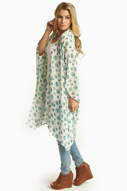 Hooded cardigan for added warmth -White Teal Floral Sheer Maxi Cardigan