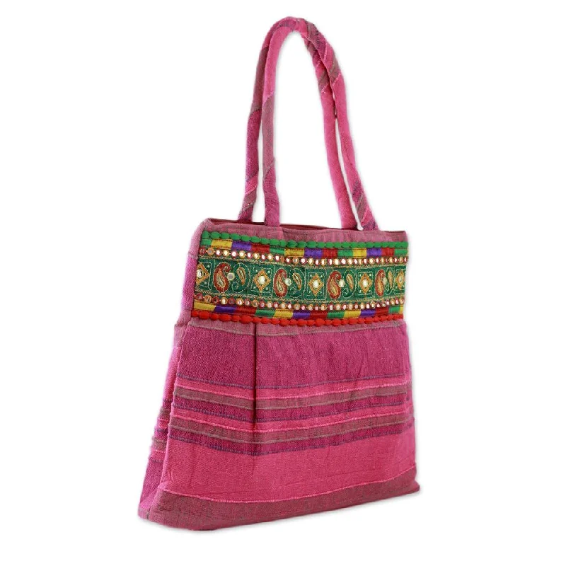 Handle bags with contrast stitching for detail -Handmade Cotton 'Majestic Pink' Shoulder Bag (India)